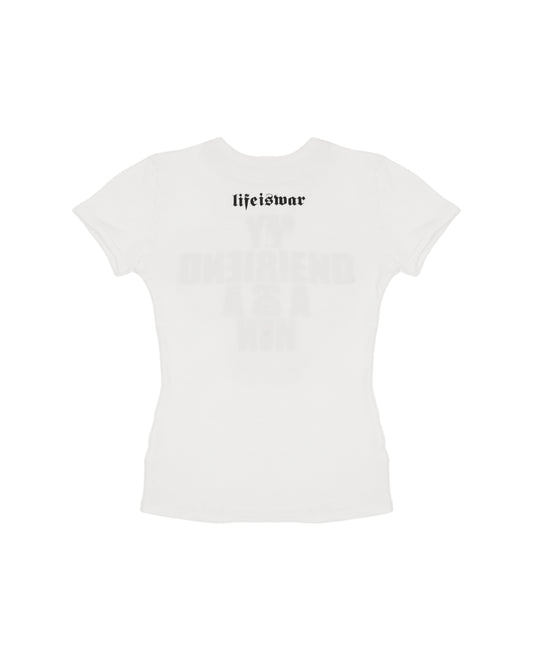 White t-shirt with 'lifeiswar' text on a white background