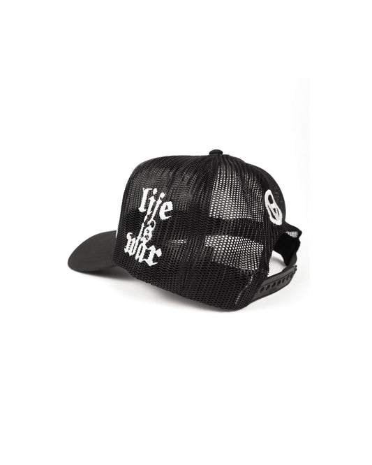 Black mesh cap with white text on a white background
