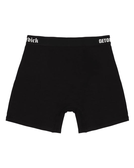 Black boxer briefs with white text on a white background