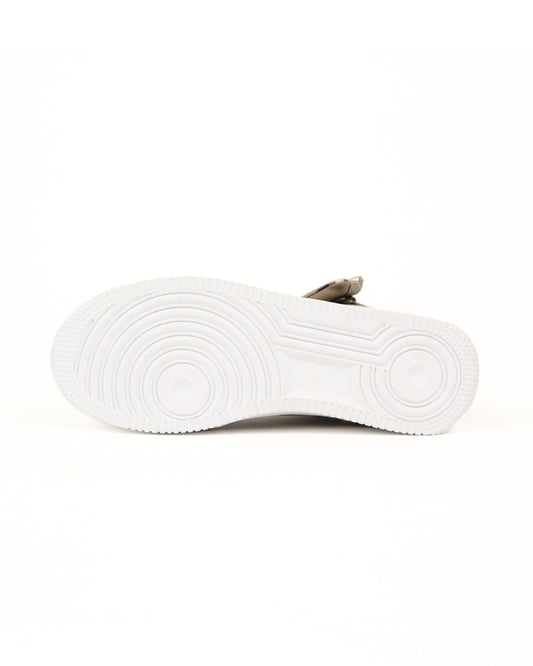 White sole of camo high-top sneaker with on a white background