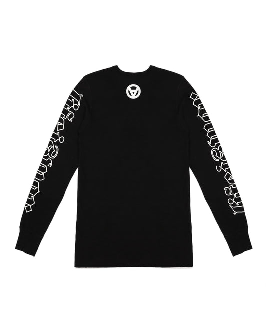 Black long-sleeve shirt with white designs on sleeves and back logo on a white background