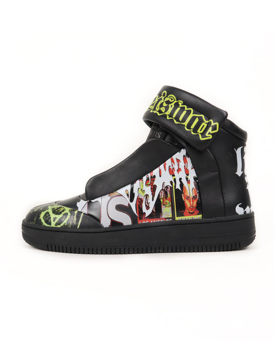Black high-top sneaker with colorful graphics on a white background
