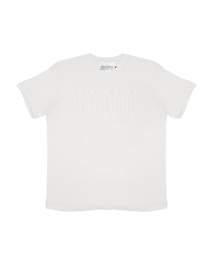 White t-shirt with "HARDCORE" on the chest against a white background