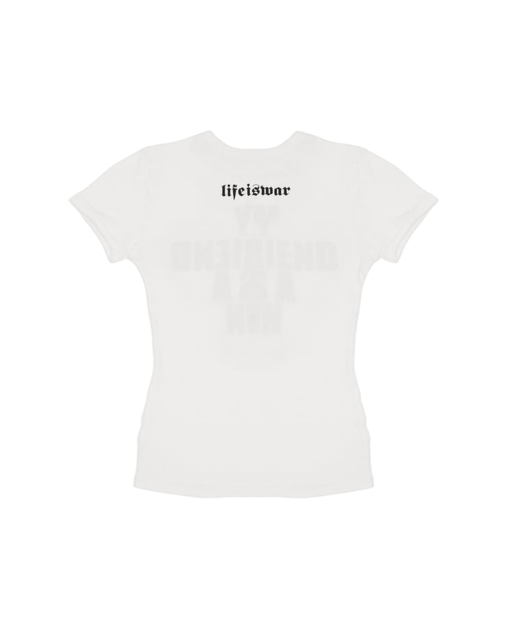 White t-shirt with 'lifeiswar' text on a white background