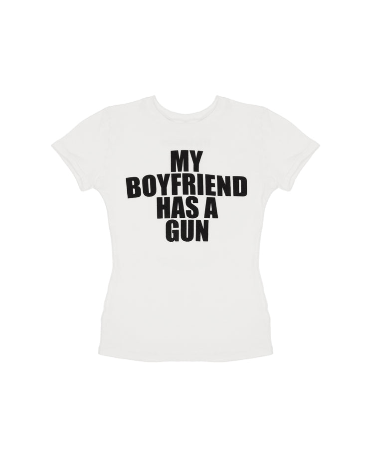 White t-shirt with black text 'My Boyfriend Has A Gun' on a white background