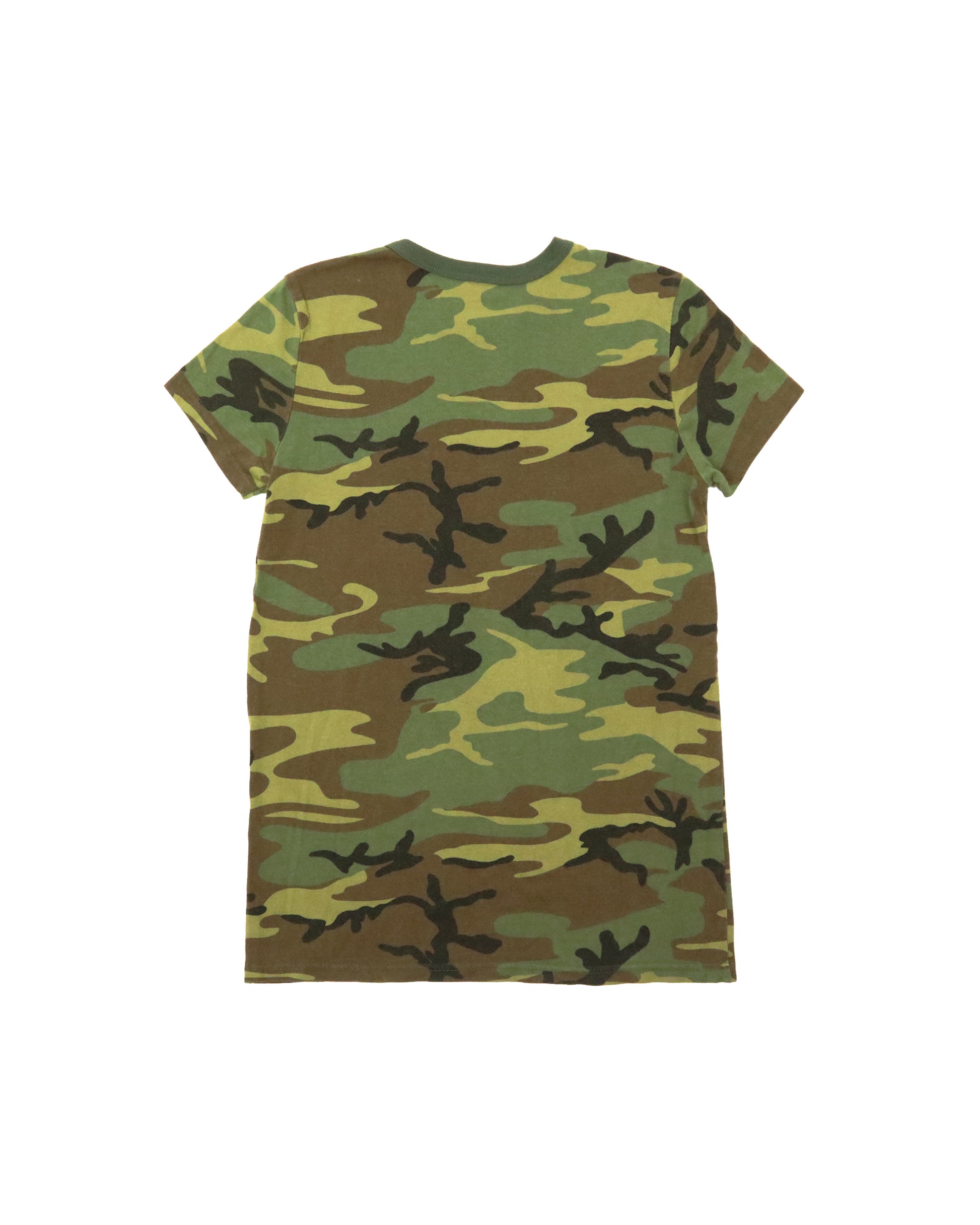 Camouflage-patterned t-shirt on a white background