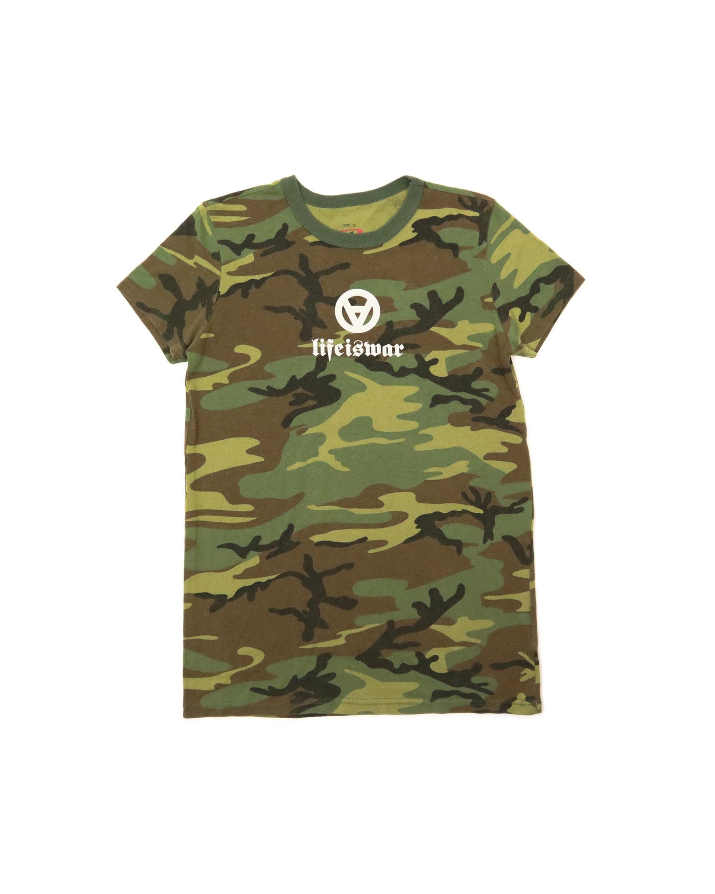 Camouflage t-shirt with a logo on a white background
