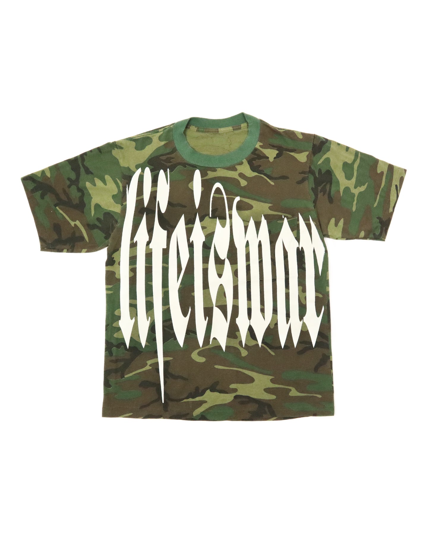 Camouflage t-shirt with 'lifeswim' text on a white background
