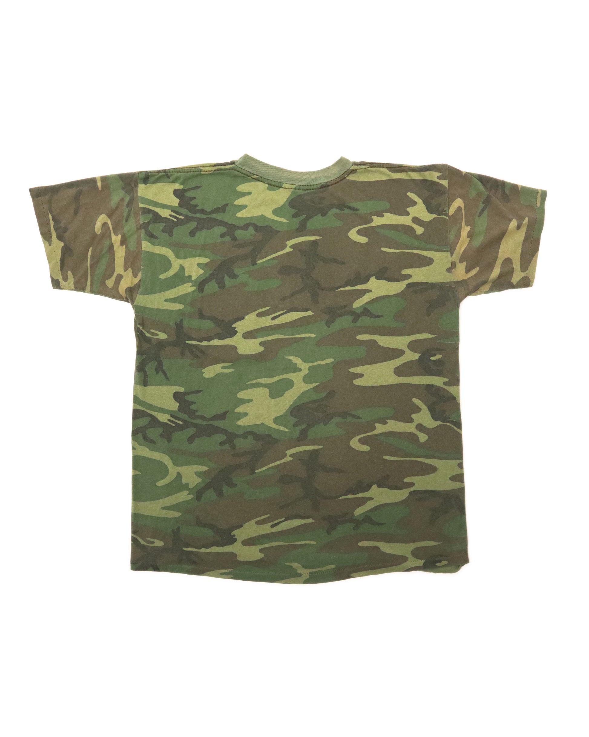 Camouflage-patterned t-shirt on a white background