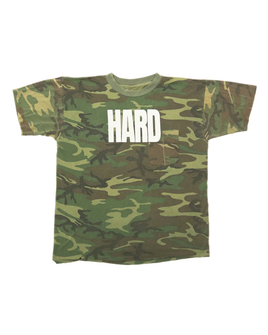 Camouflage t-shirt with 'HARD' text on a white background