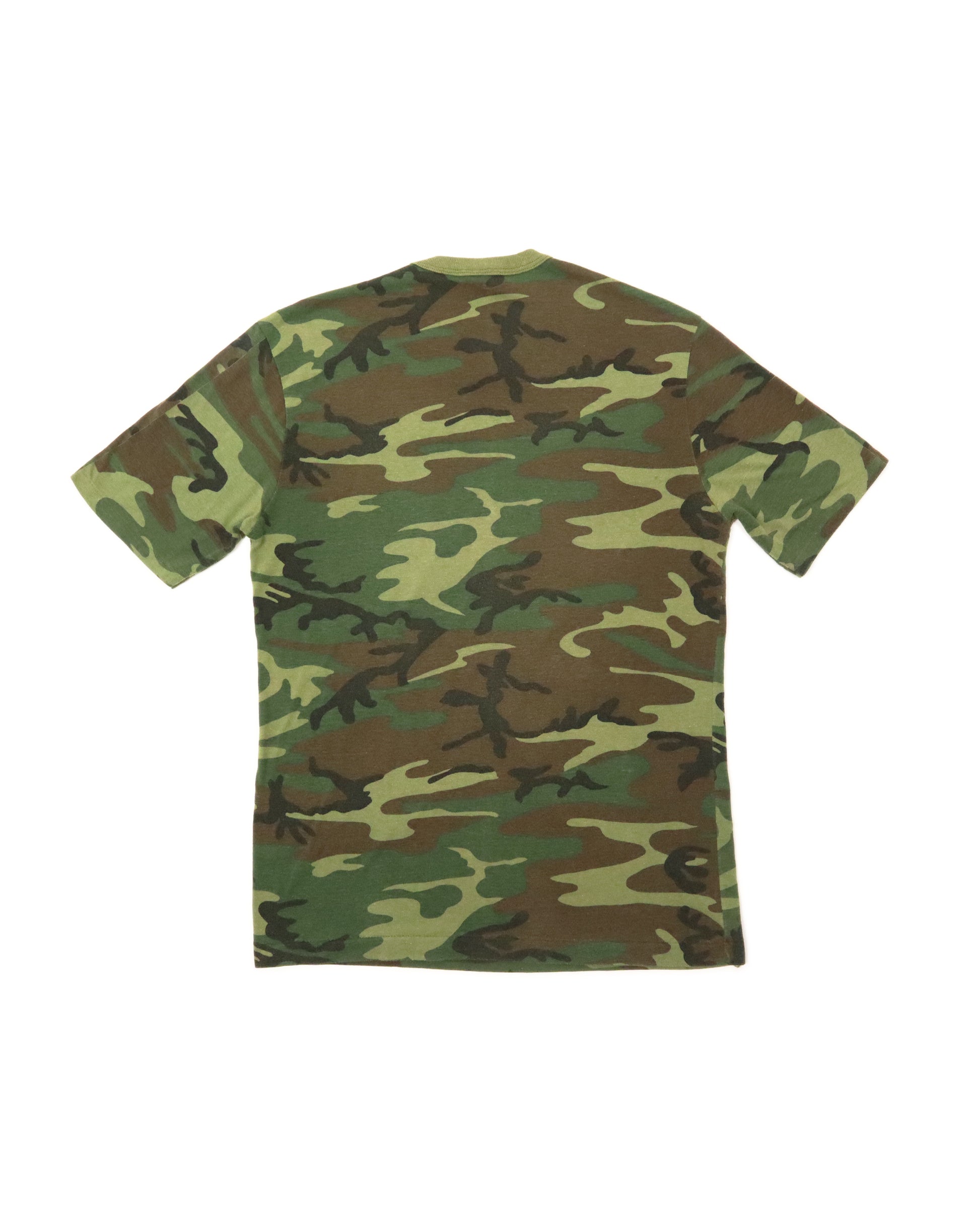 Camouflage-patterned t-shirt on a white background