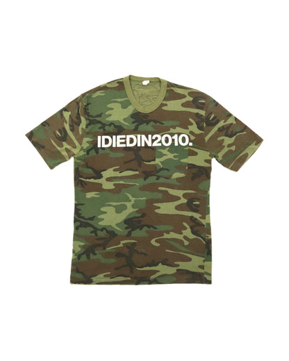 Camouflage t-shirt with 'IDIEDIN2010' text on a white background