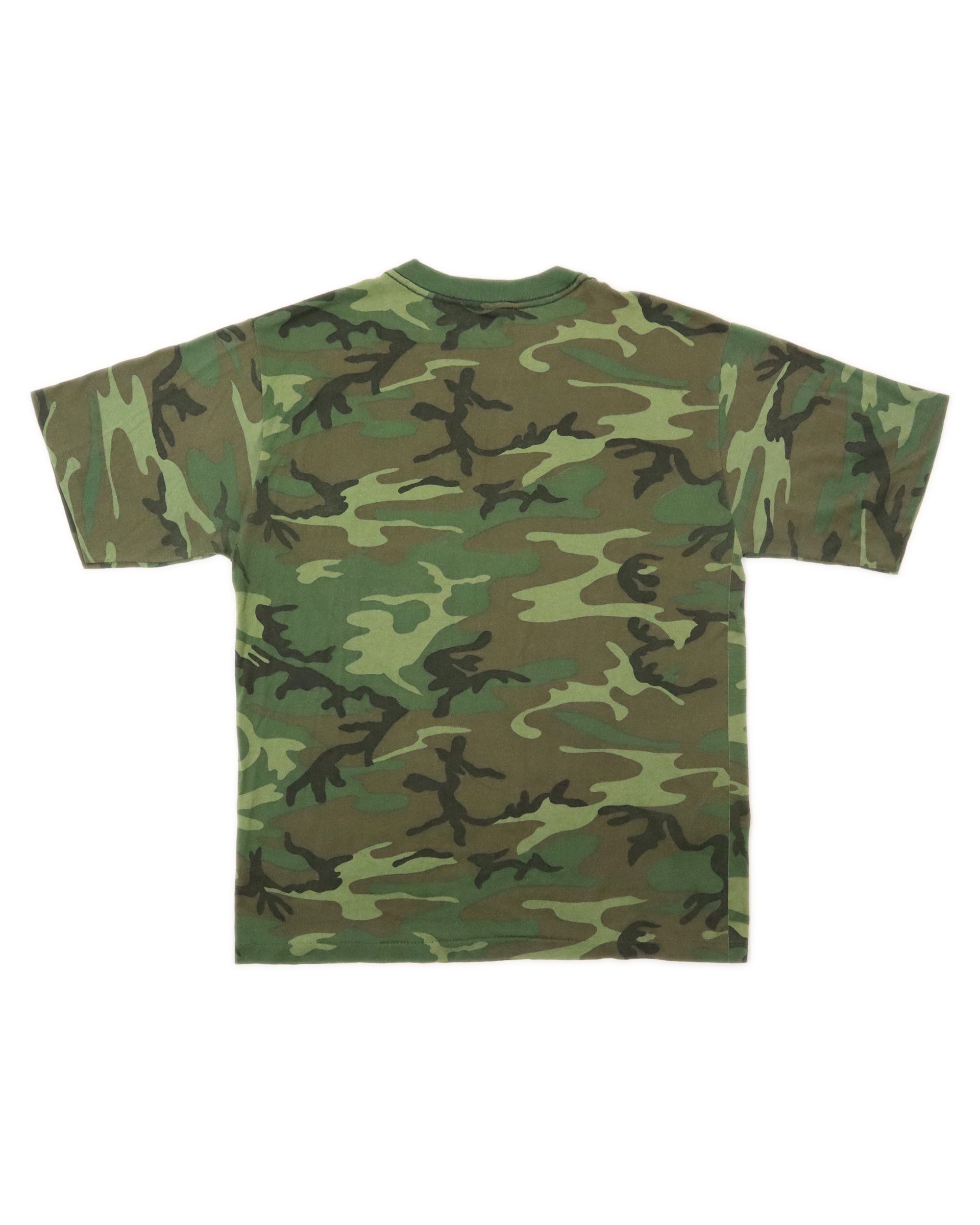 Camouflage-patterned t-shirt on a white background