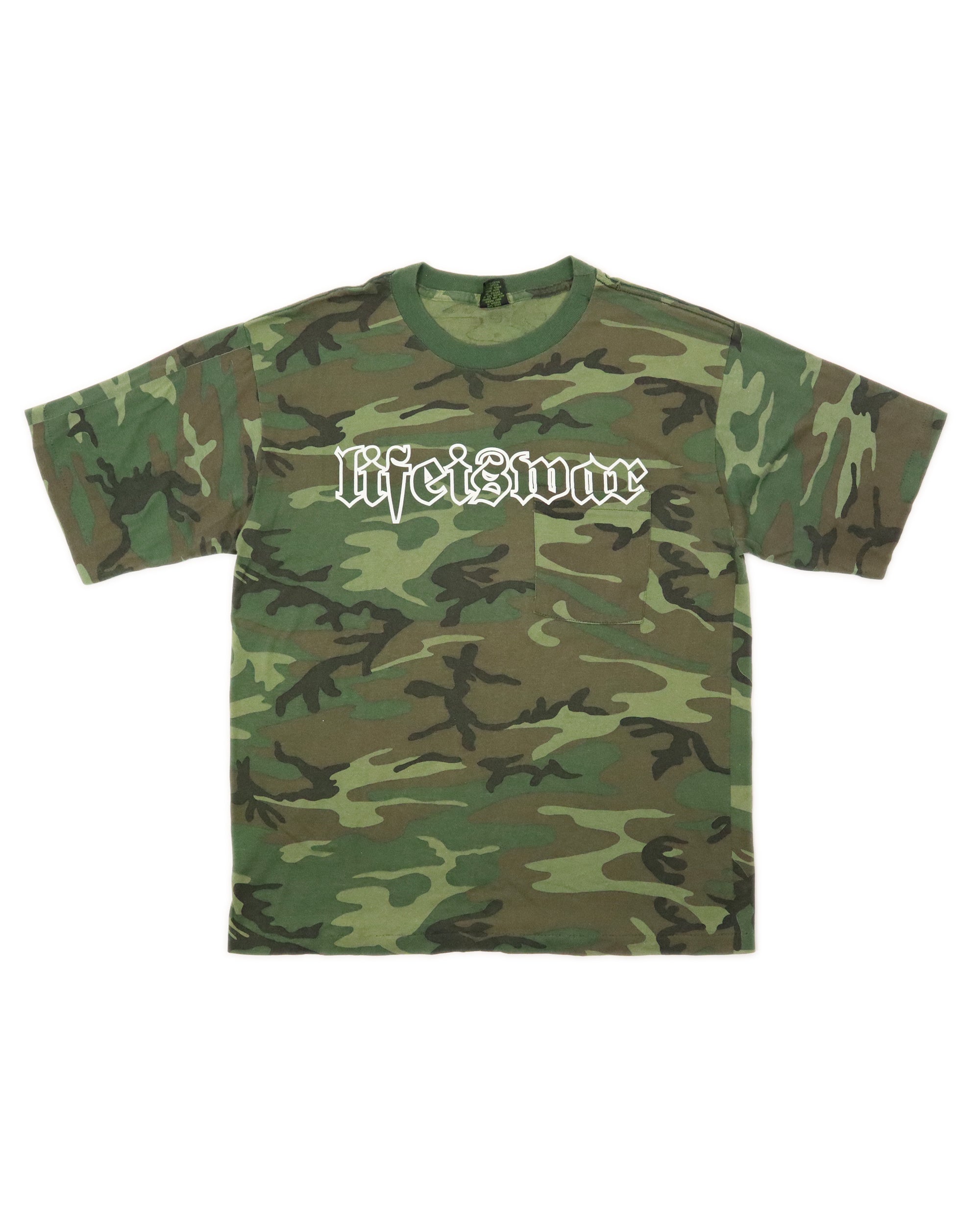Camouflage t-shirt with 'lifeiswim' logo on a white background