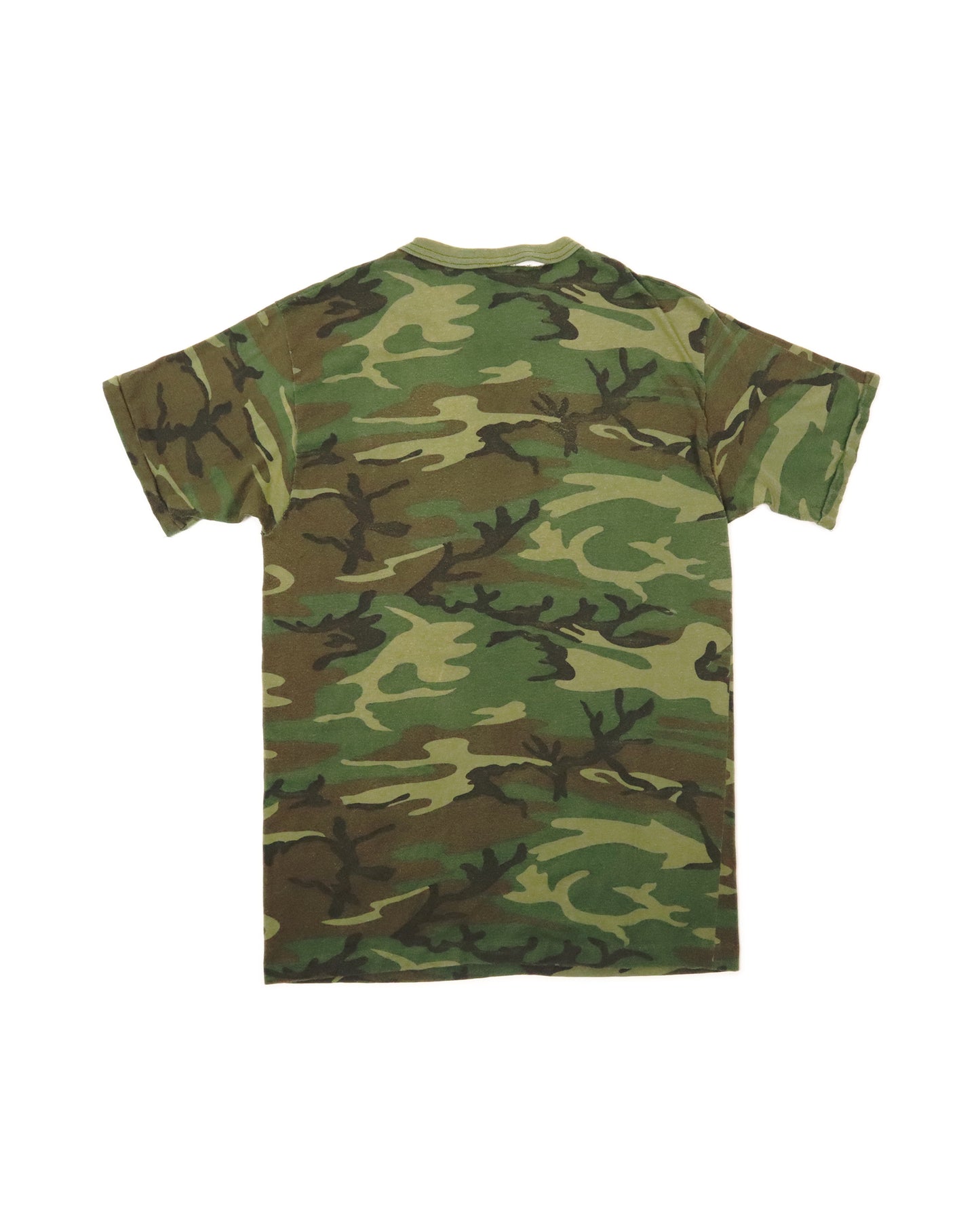 Camouflage-patterned t-shirt on a white background