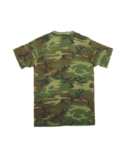 Camouflage-patterned t-shirt on a white background