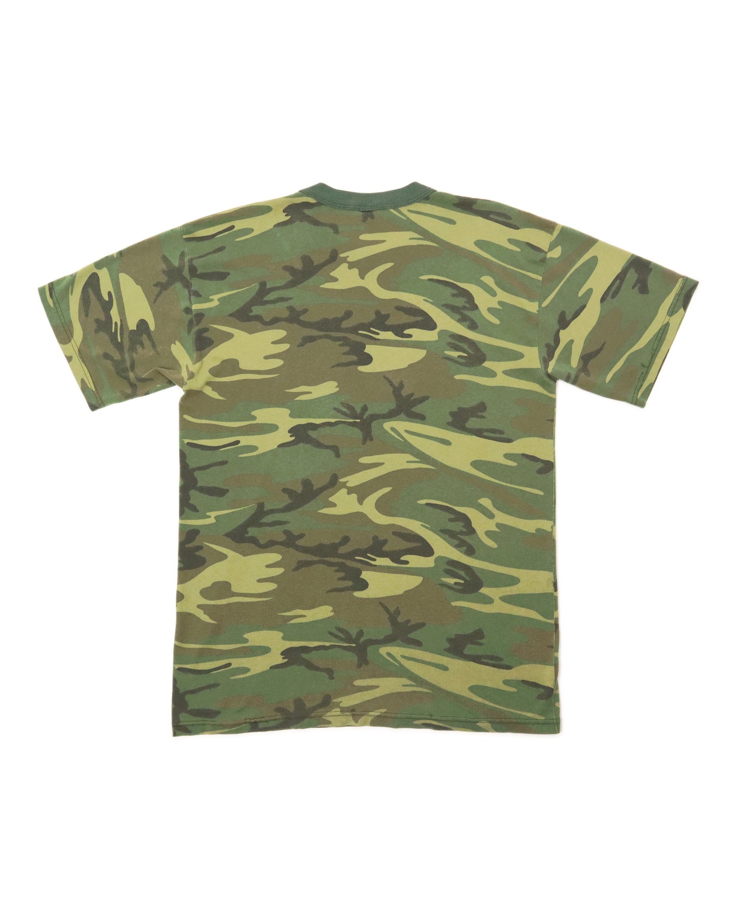 Camouflage-patterned t-shirt on a white background