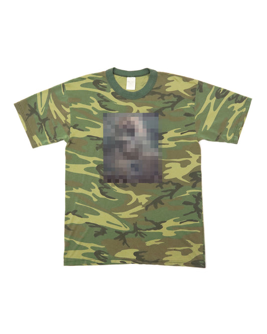 Camouflage t-shirt with a pixelated face design on a white background