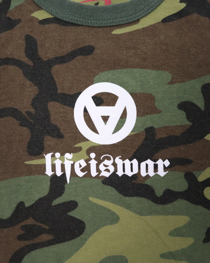 Camouflage pattern with a white logo and 'lifeiswar' text
