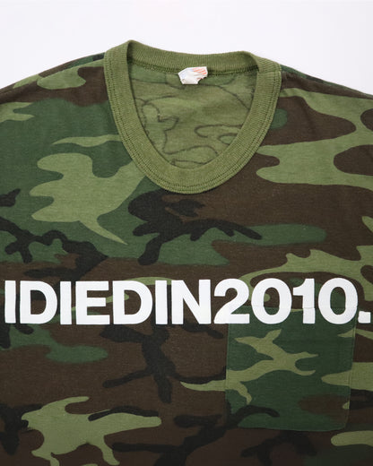 Camouflage shirt with 'IDIEDIN2010' text on a white background