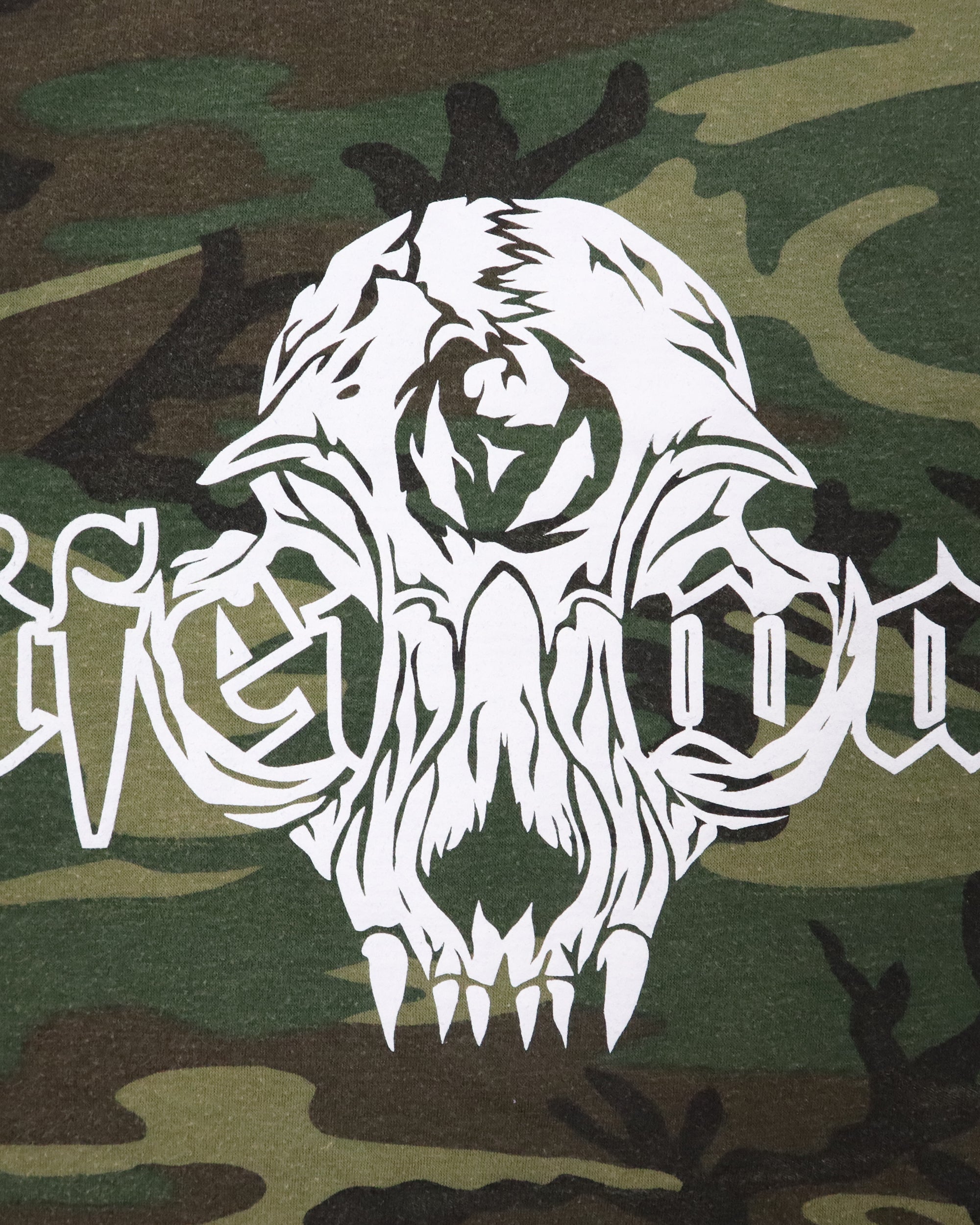 White skull design on a camouflage background