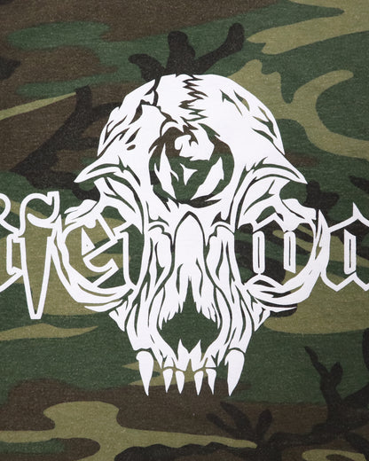 White skull design on a camouflage background