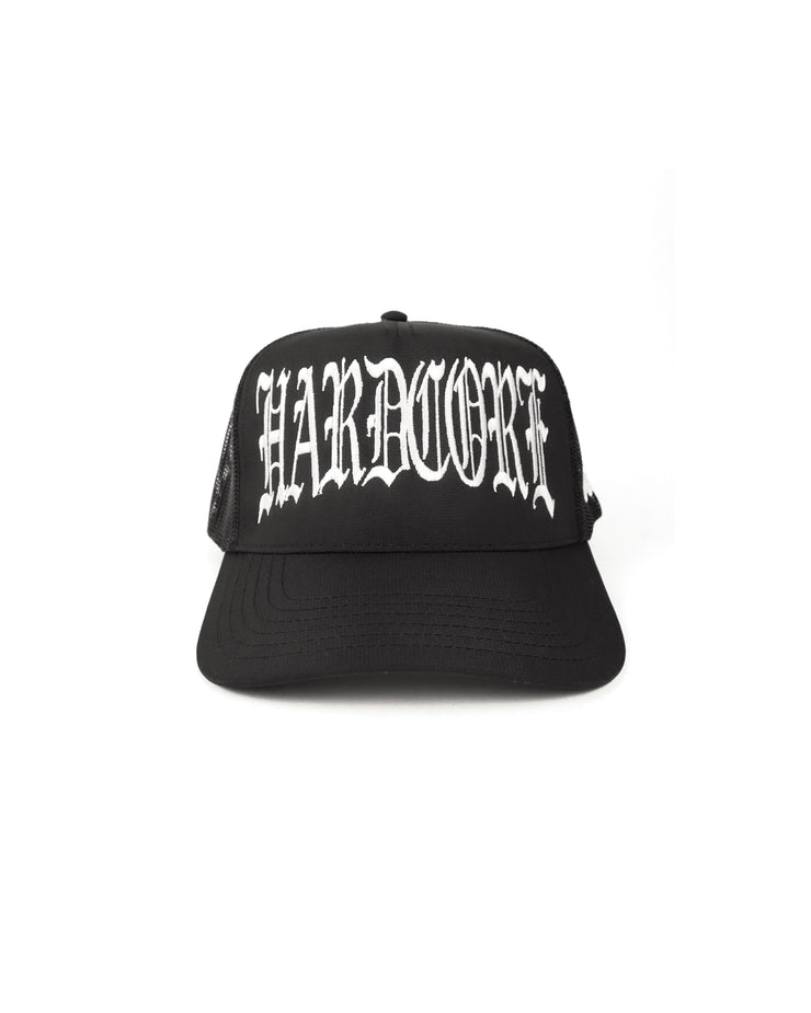 Black mesh cap with 'HARDCORE' text on a white background