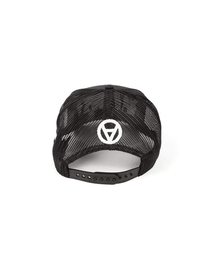 Black mesh cap with a white logo on a white background