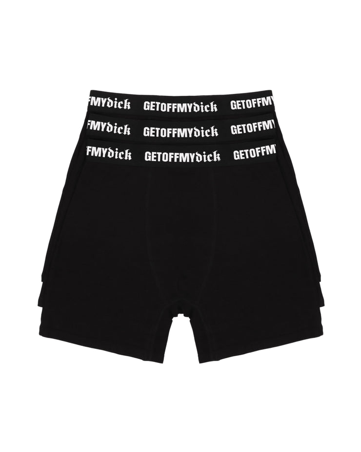 Three black boxer briefs with white text on a white background