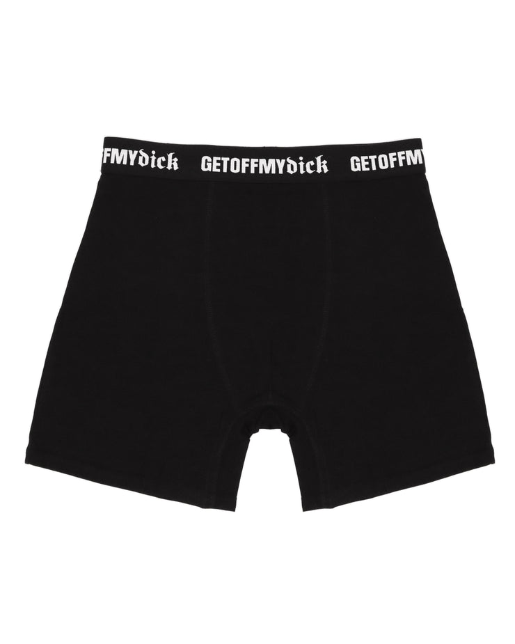 Black boxer briefs with white text on a white background
