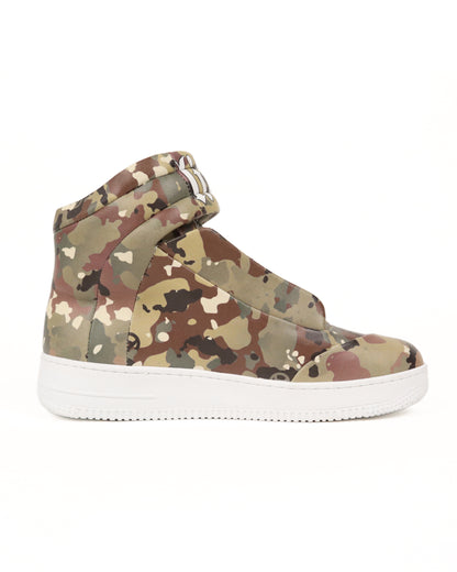 Camouflage-patterned high-top sneaker on a white background