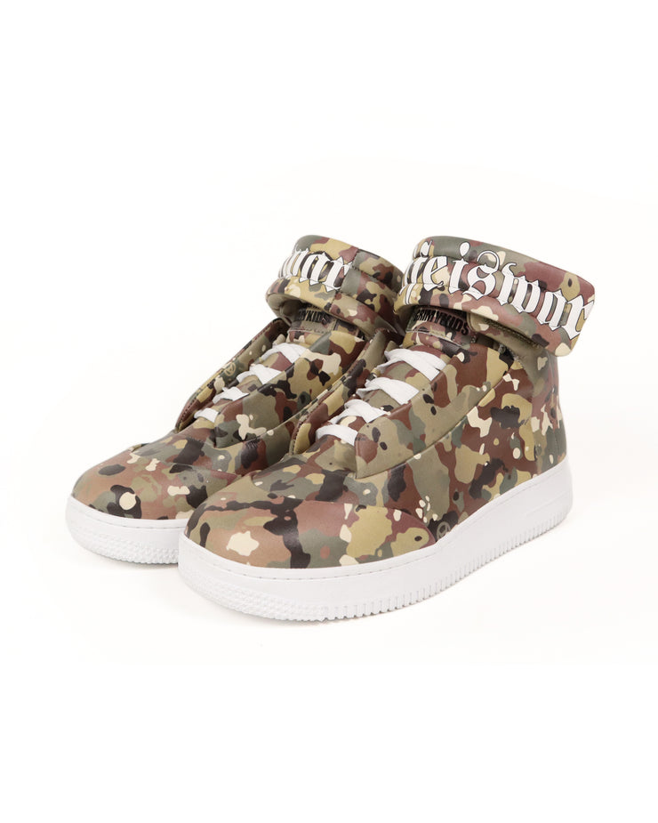 Camouflage high-top sneakers with white soles on a white background