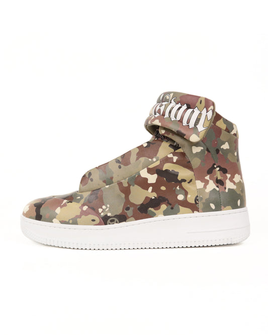 Camo high-top sneaker with camouflage  graphic on a white background
