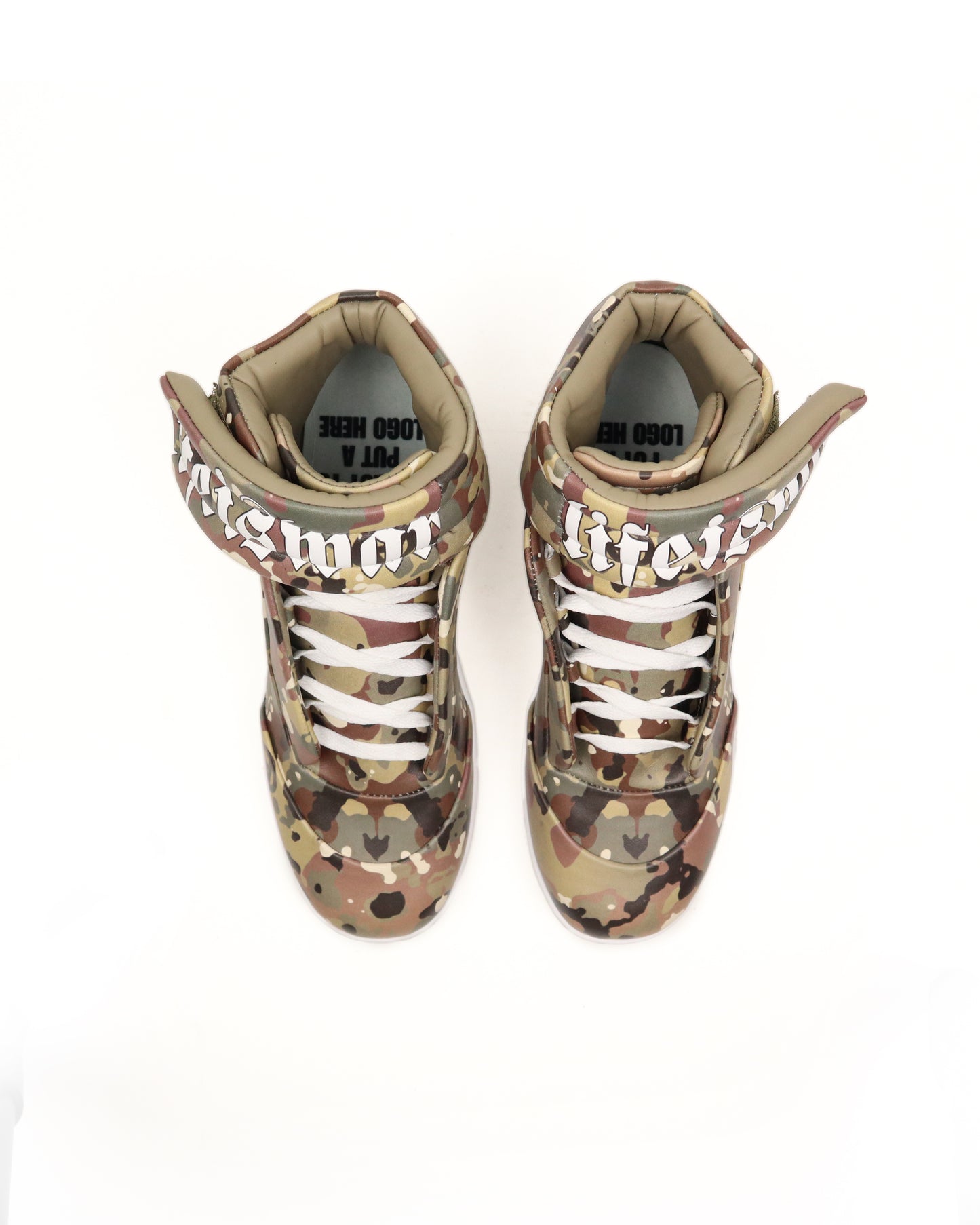 Camouflage high-top sneakers with white laces on a white background