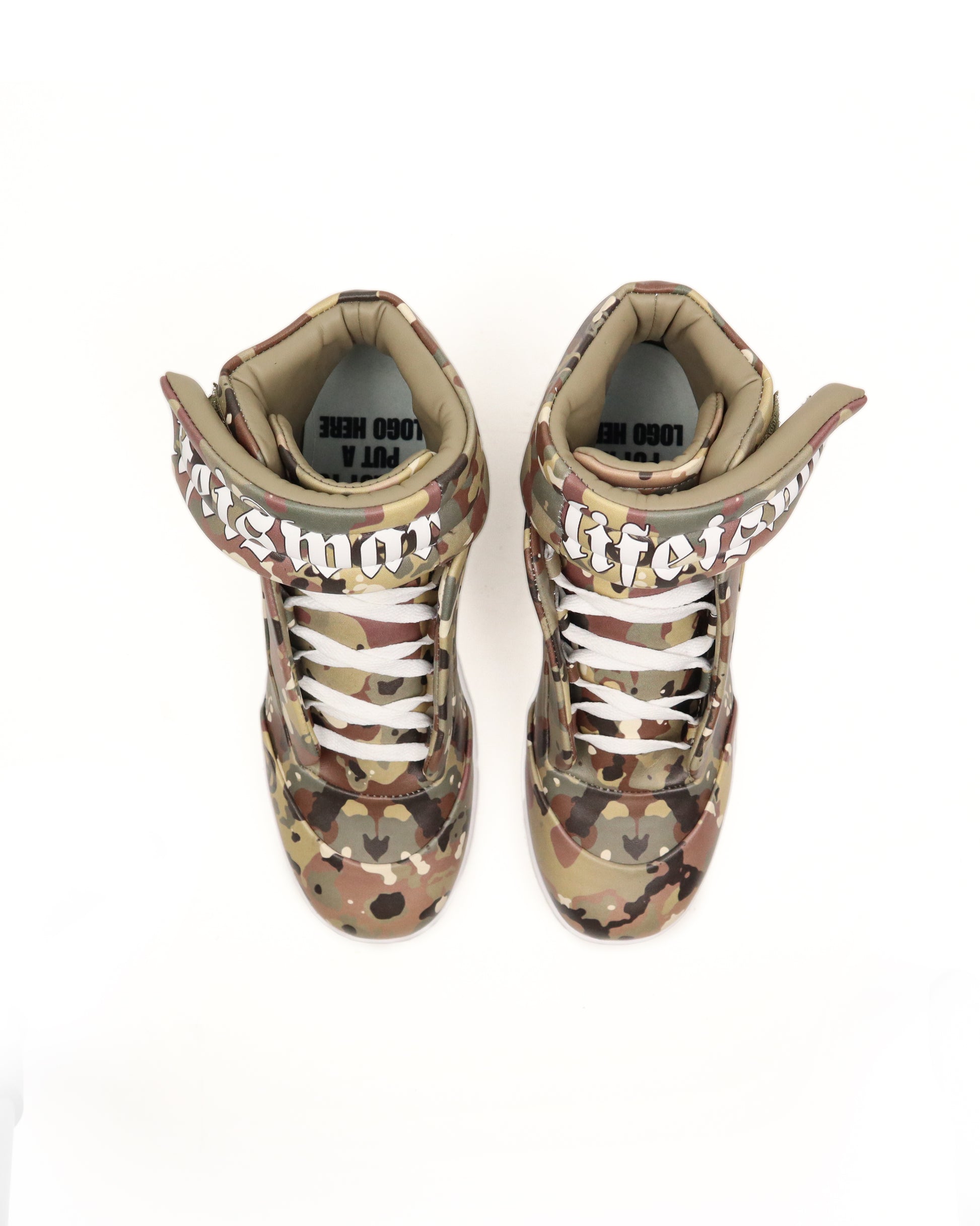 Camouflage high-top sneakers with white laces on a white background