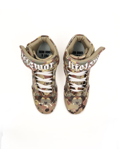 Camouflage high-top sneakers with white laces on a white background