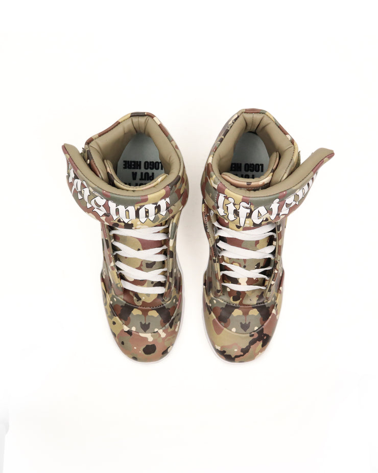 Camouflage high-top sneakers with white laces on a white background