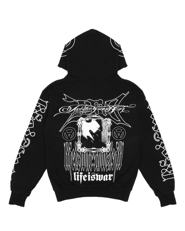 Black hoodie with white graphic design on a white background