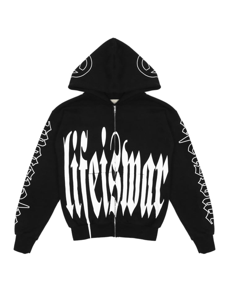 Black hoodie with 'Life is War' text on a white background
