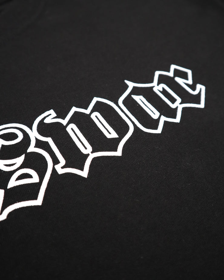 White logo on a black background