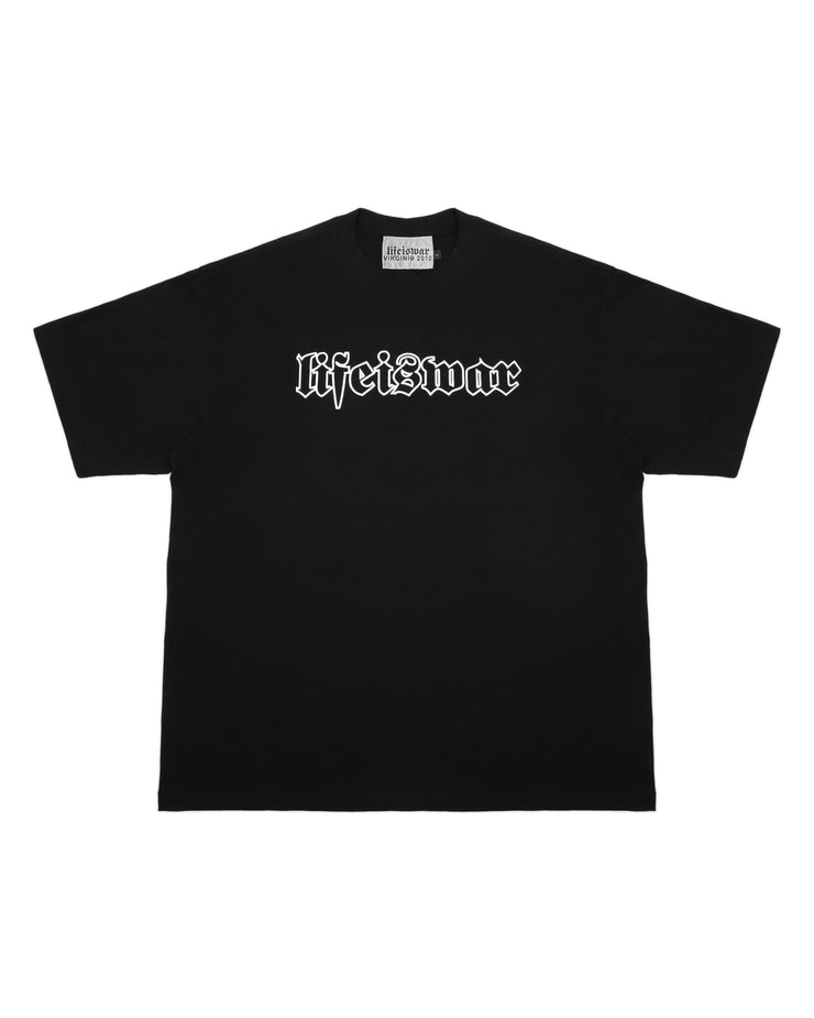 Black t-shirt with 'Life is War' text on a white background