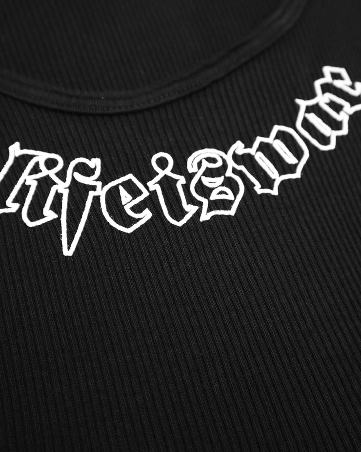 Black tank top with white text