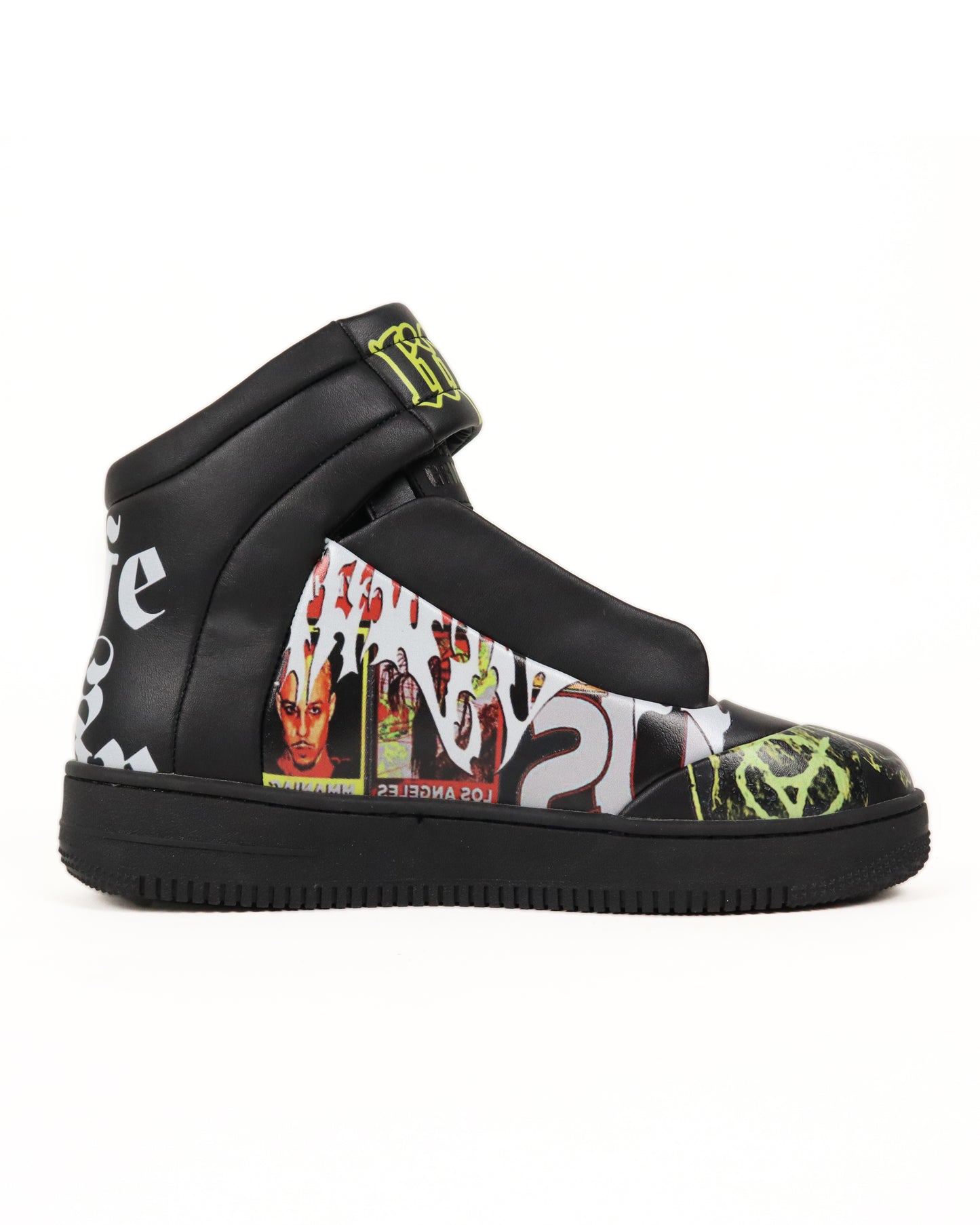 Black high-top sneaker with colorful graphics on a white background