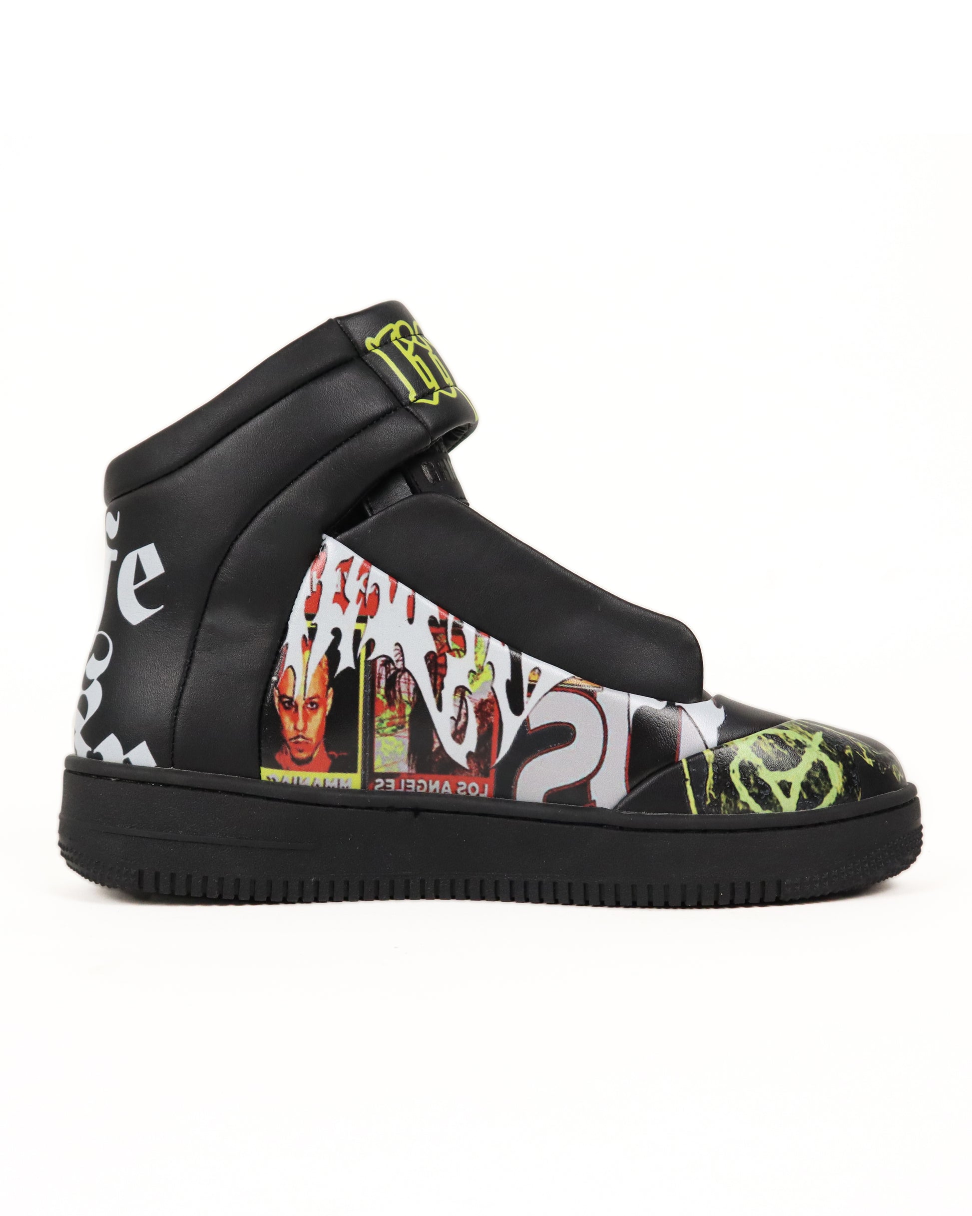 Black high-top sneaker with colorful graphics on a white background