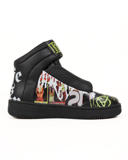 Black high-top sneaker with colorful graphics on a white background