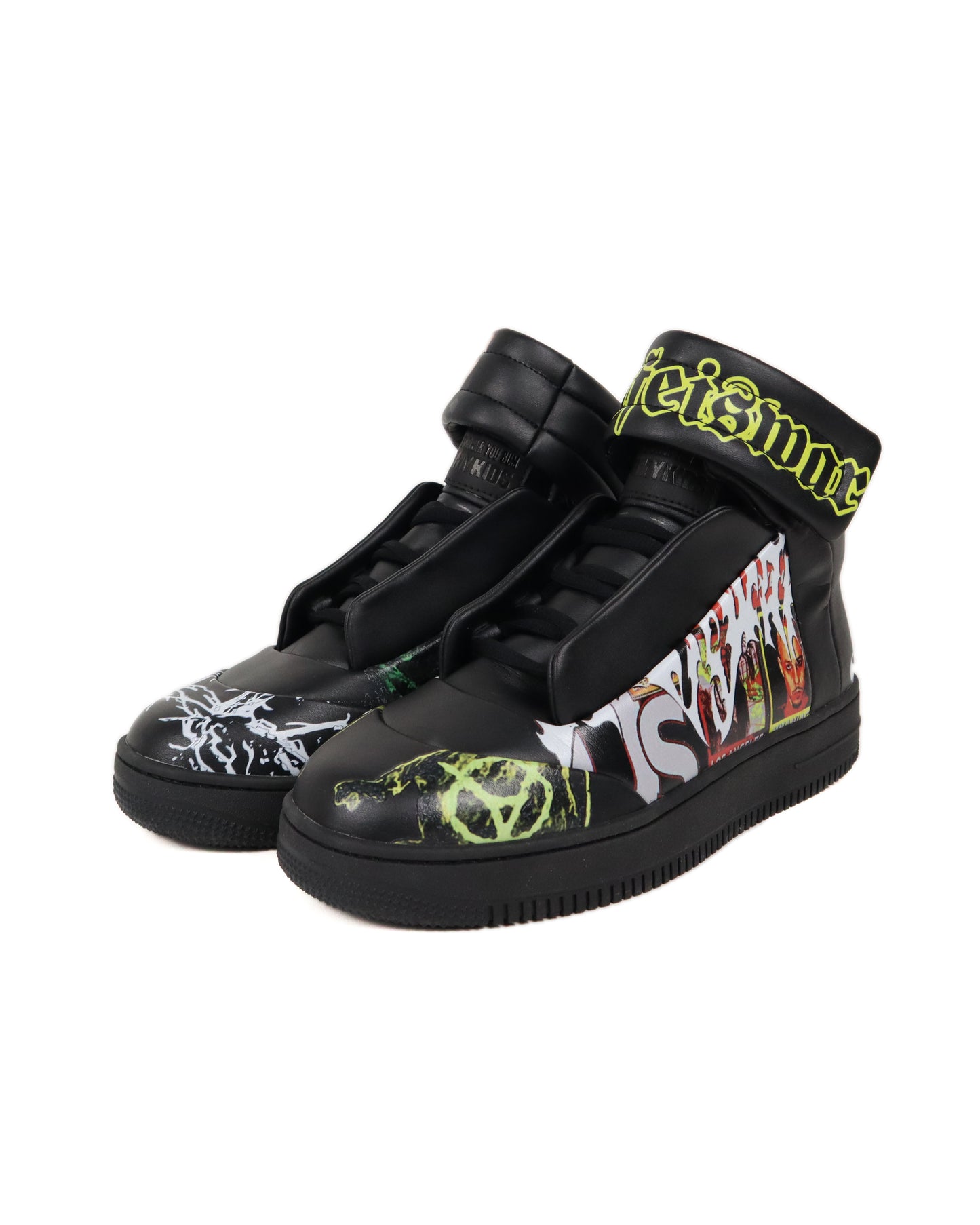 Black high-top sneakers with colorful graphics and text on a white background