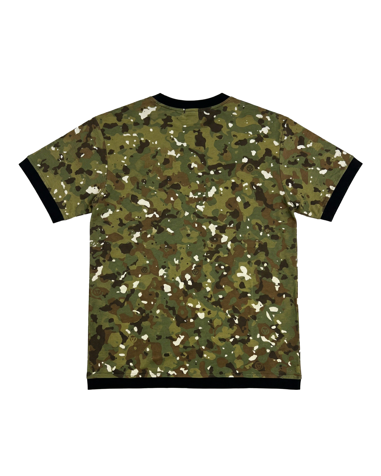 Camouflage-patterned t-shirt on a white background