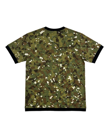 Camouflage-patterned t-shirt on a white background