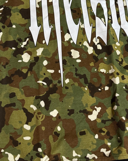 Camouflage fabric with white text 