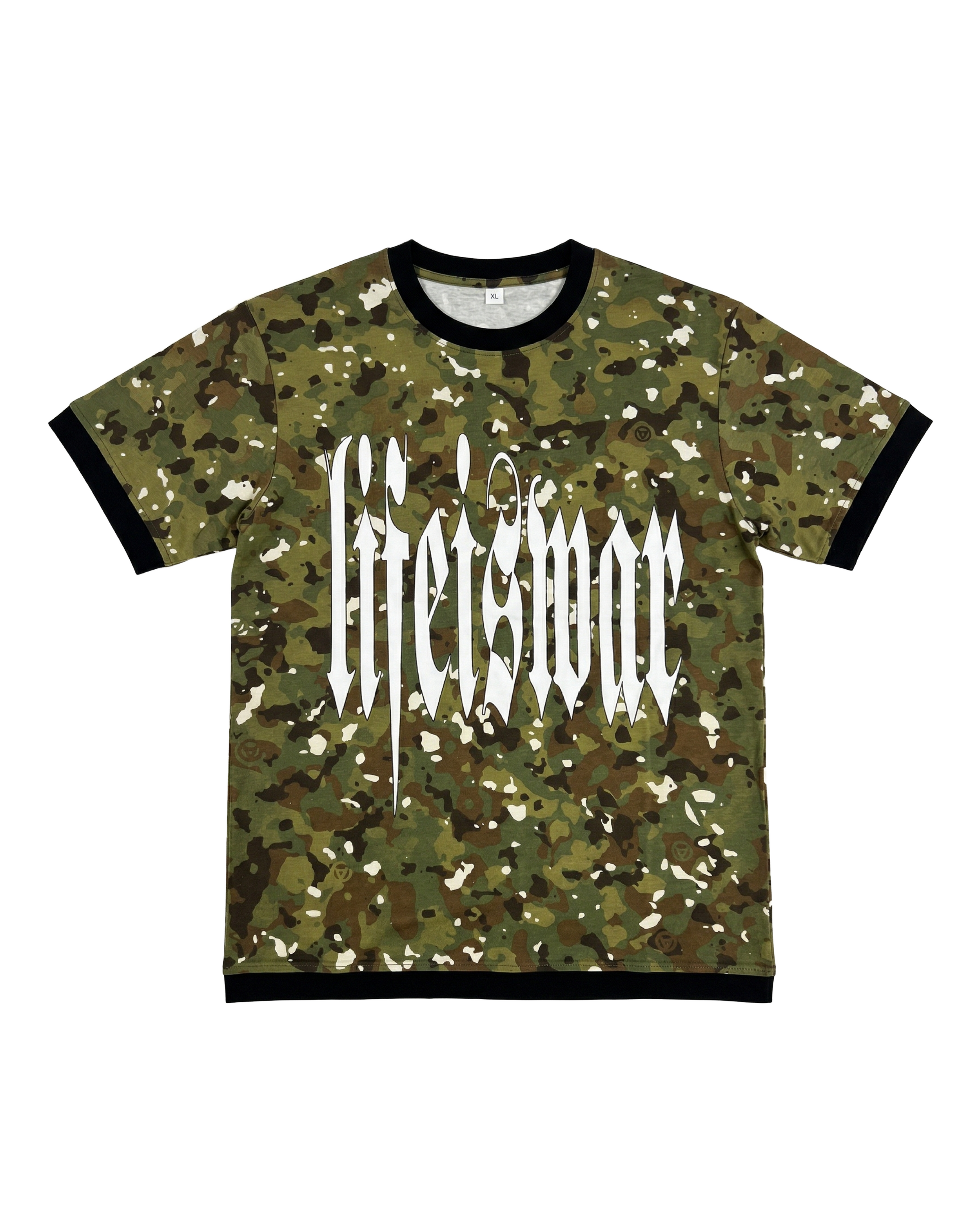 Camouflage t-shirt with 'lifewar' text on a white background